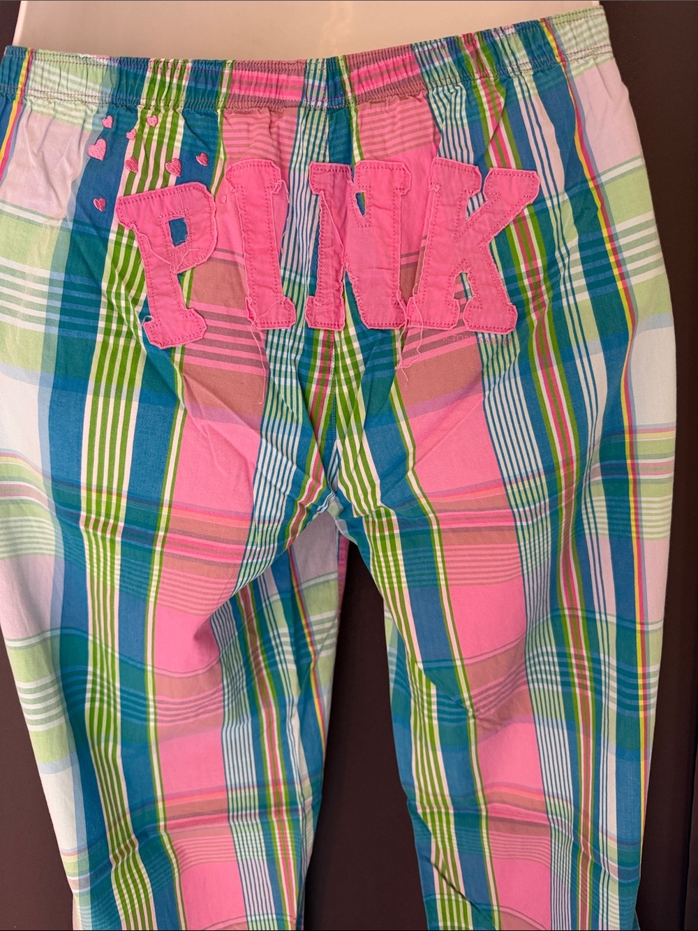 *Vintage* PINK Victoria's Secret Pastel Plaid Pajama Pants with Pink Drawstring - Picture 5 of 6